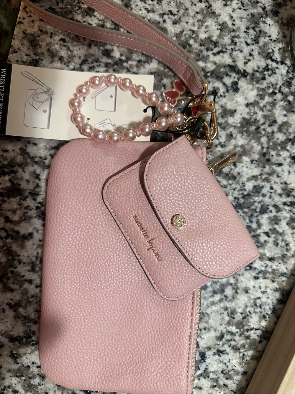 Pink Wristlet with Pearl Strap